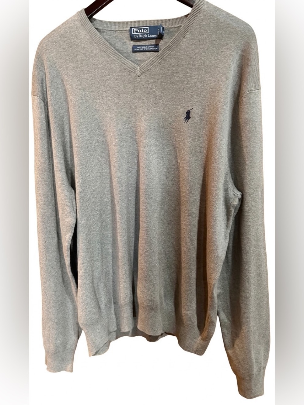 Polo Ralph Lauren XXL Taupe Pima Cotton V‑Neck Sweater Navy Pony